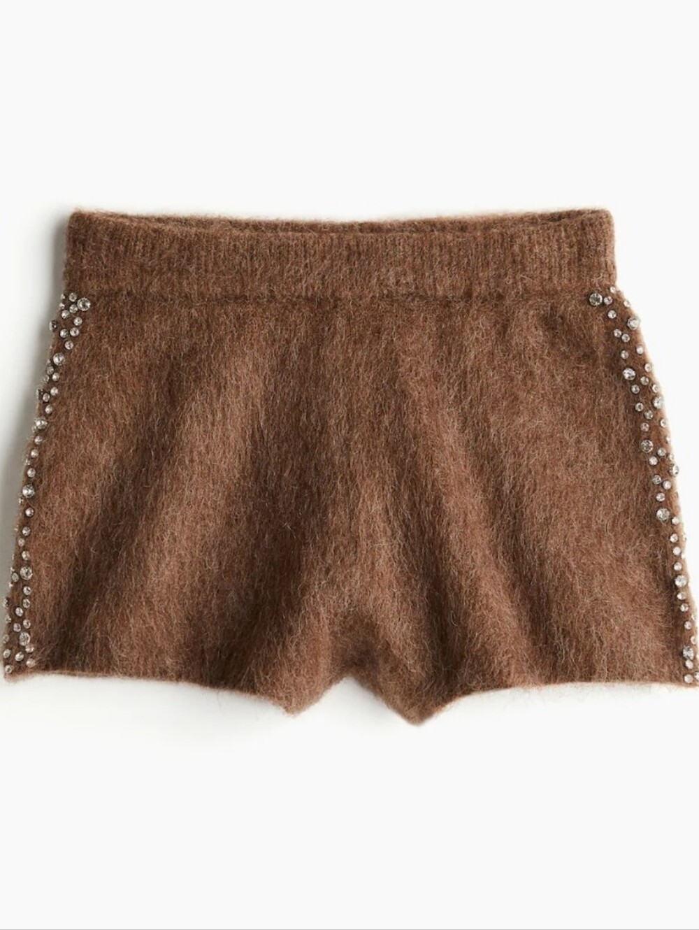 H&M PREMIUM RHINESTONE-EMBELLISHED MINI SHORTS IN BROWN